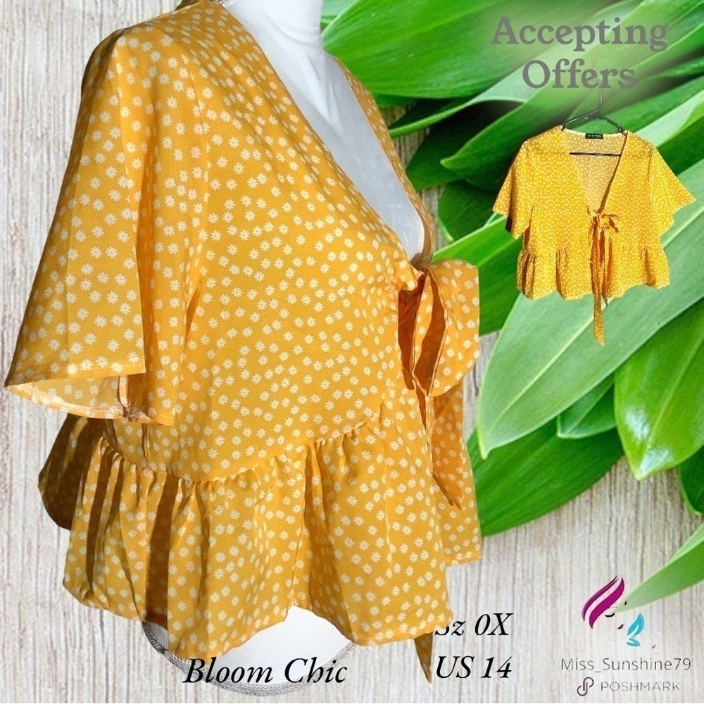 Bloom Chic - Sz 0X US 14 - peplum short sleeved top - mock tie together - floral